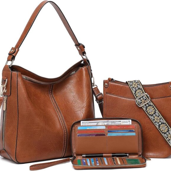 3-Piece Women's Purse Set - Large Crossbody Bag, Shoulder Tote & Wallet, Brown PU Leather With Adjustable Straps